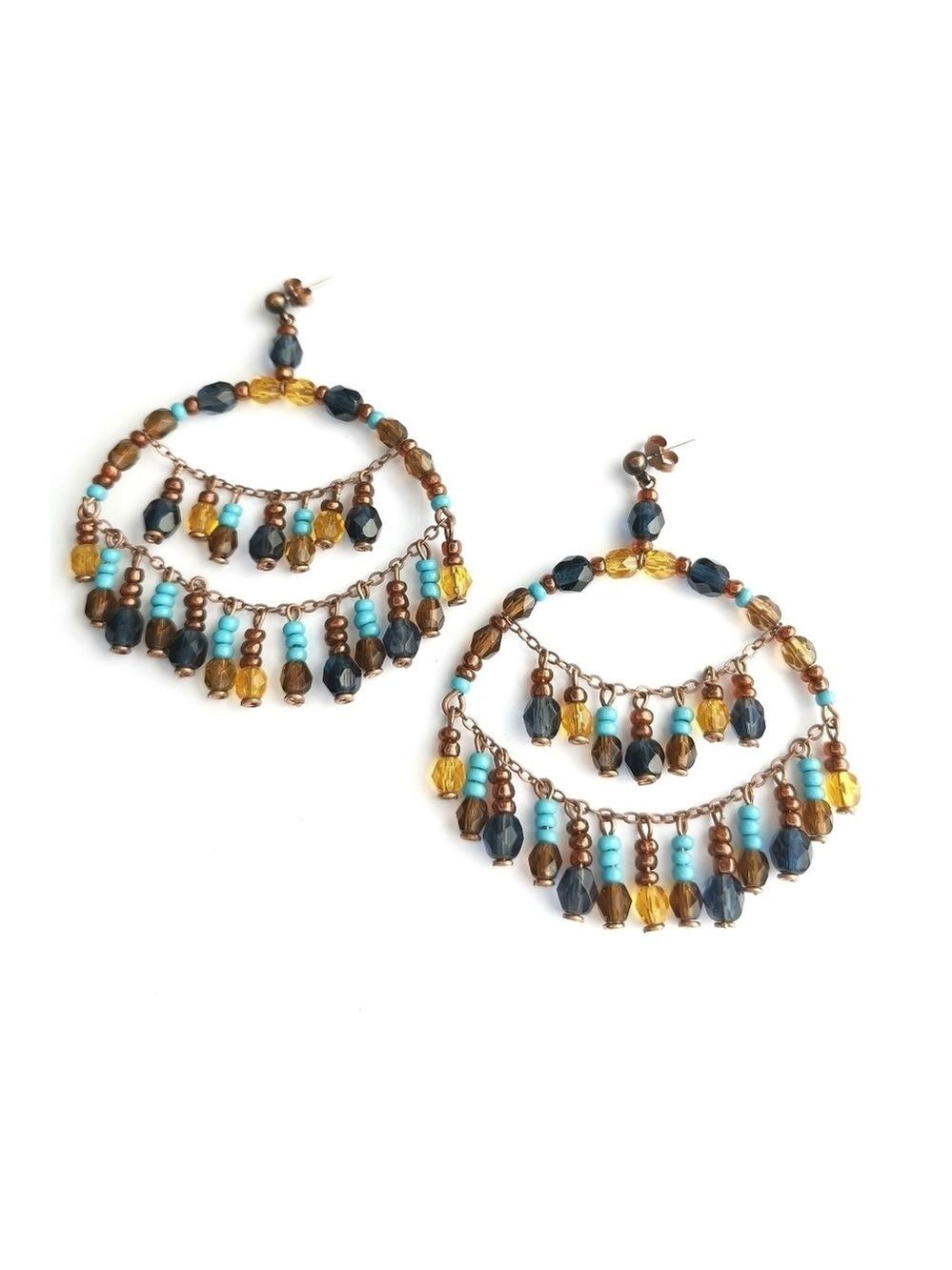 Vintage Czech beaded shoulder duster chandelier earrings turquoise brown
